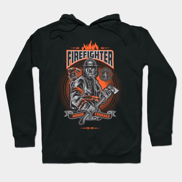 Honor and Courage- Firefighter Wearing Protective Gear Holding Axe Hoodie by Vector-Artist